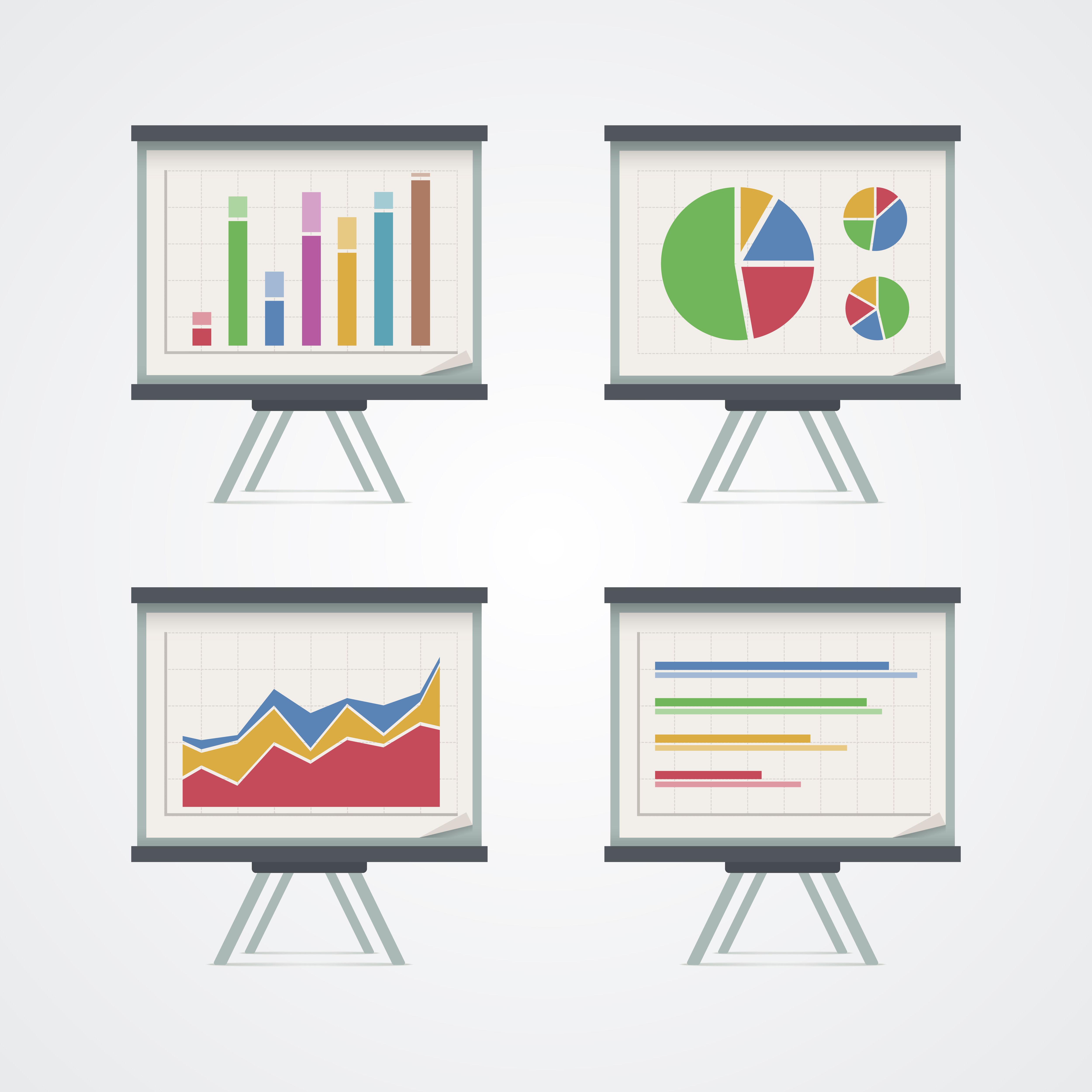 Set of presentation boards with pie charts, diagram and graphs. Vector illustration.